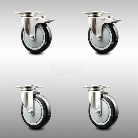 Service Caster 5 Inch 316SS Black Polyurethane Wheel Swivel Top Plate Caster Lock Brakes, 2PK SCC-SS316TTL20S514-PPUB-BLK-2-S-2
